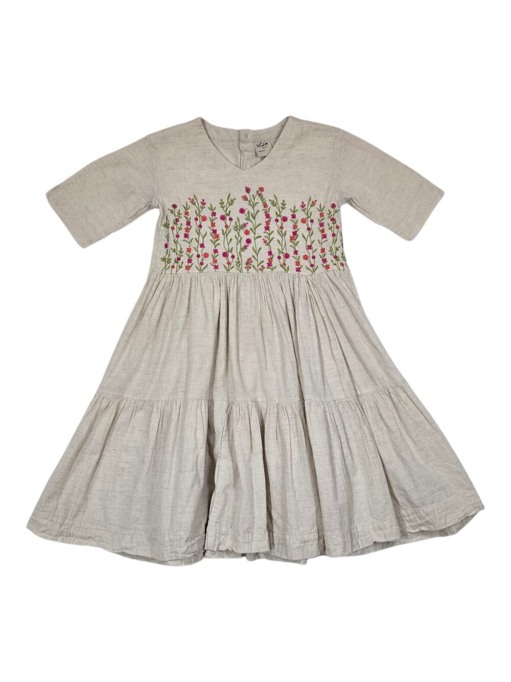 Utsa Kids Dress 11/12 years Beige Cotton Linen Tiered Embroidered Peasant Boho